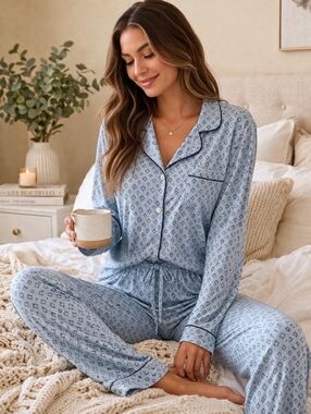 State of Day Pajama Set Blue Print Button Down Lounge Set Size S  Macy's Brand